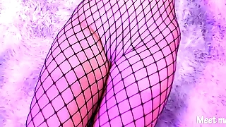 Asian in fishnet gives a footjob coupled with gets cum all over her pussy